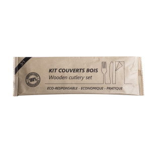 Kit couverts en bois 3 en 1 : couteau, fourchette et serviette