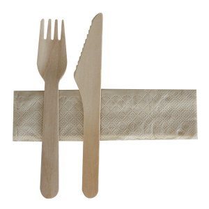 Kit couverts en bois 3 en 1 : couteau, fourchette et serviette