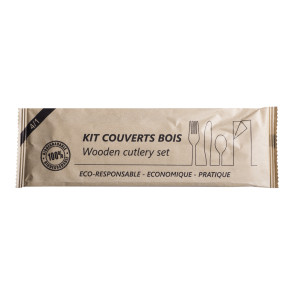 Kit couverts en bois 4 en 1 : couteau, fourchette, cuillère à dessert et serviette