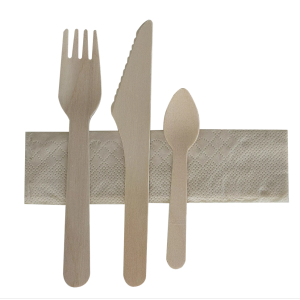 Kit couverts en bois 4 en 1 : couteau, fourchette, cuillère à dessert et serviette