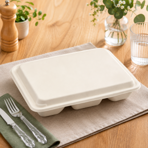 Couvercle pour plateau repas compostable 5 compartiments en fibre de canne